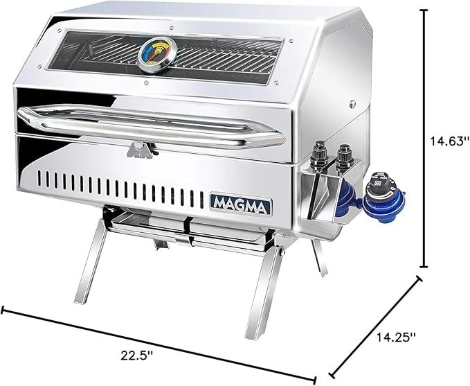 Magma Catalina 2 Infra Red Stainless Steel Portable Gas Grill A10-1218-2GS- 12,500 BTU Small Propane Grill for Outdoor, Camping, Marine Use - 12”x18” Grilling Surface with Lockable Lid & Thermometer