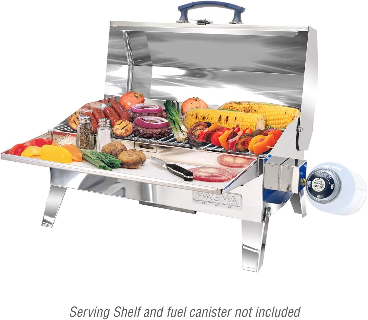Magma Cabo Grill - Marine-Grade Stainless Steel Barbecue Grill for Boats - Portable Propane Gas with 9”x18” Grilling Surface - Heat-Resistant Handle, Fold-Away Legs - Ideal Boat Accessory